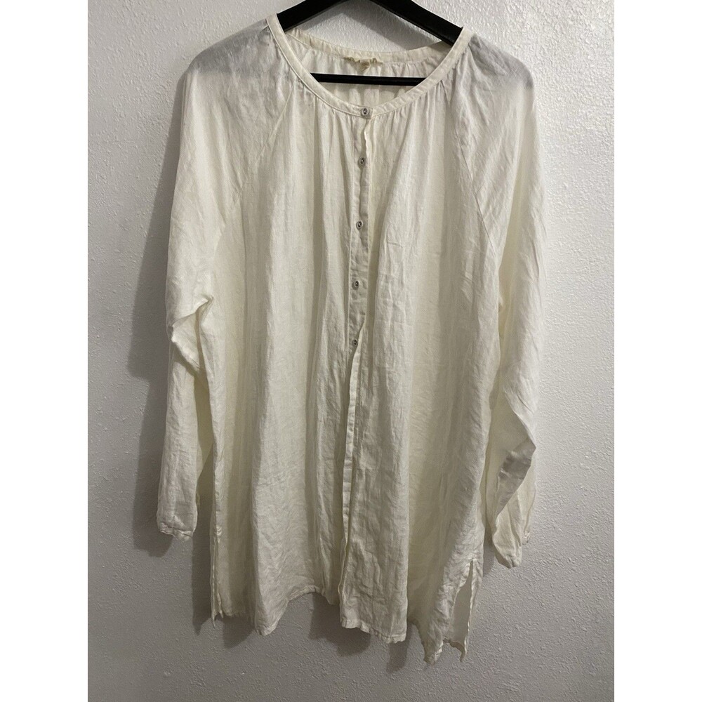 Eileen Fisher Cream Irish Linen Button Front Tunic Minimalist Blouse XL M4